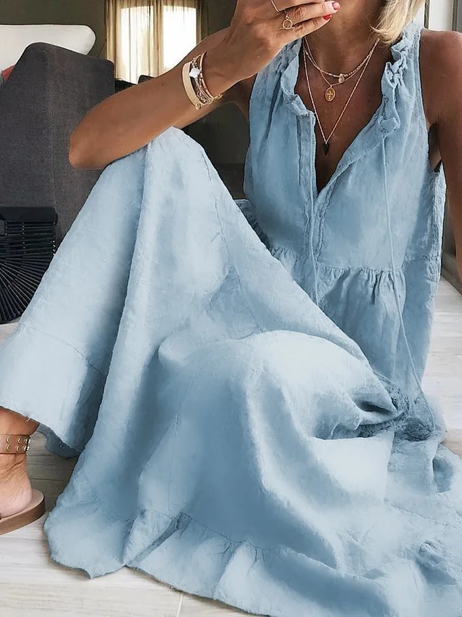 Women Casual Plain Summer Cotton Natural Daily Maxi A-Line Regular Dresses