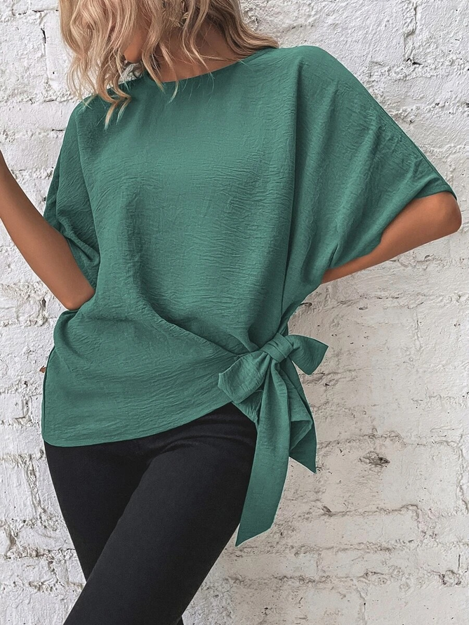 Women Casual Plain Summer Polyester No Elasticity Loose Short Sleeve H-Line Regular Shirts