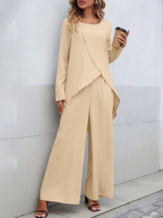 Women Casual Plain Spring/Fall Polyester Natural No Elasticity Daily Elastic Waist Top With Pants Two-Piece Sets