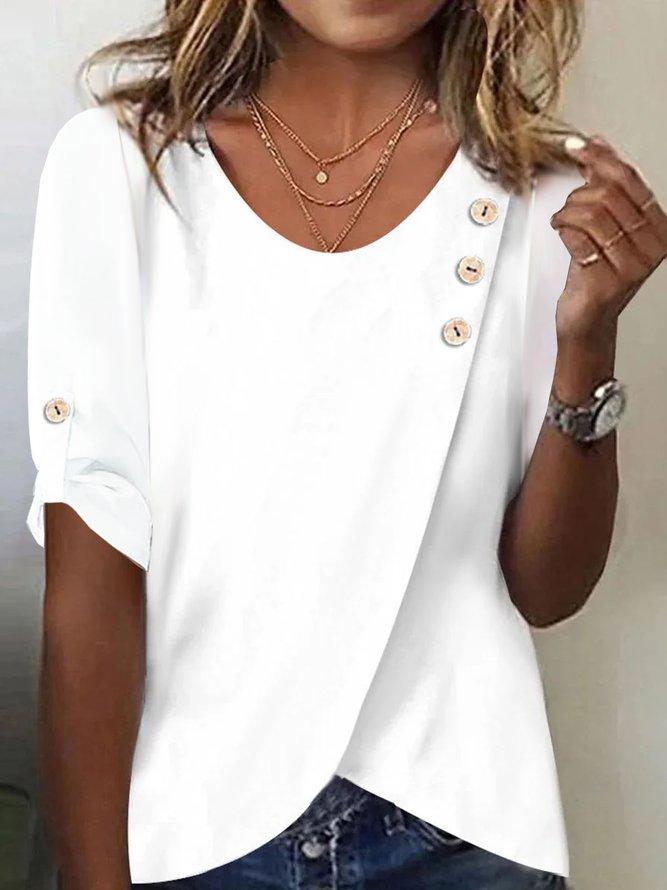Women Casual Plain Spring/Fall Micro-Elasticity Three Quarter Sleeve Crew Neck Regular H-Line Buckle T-shirts