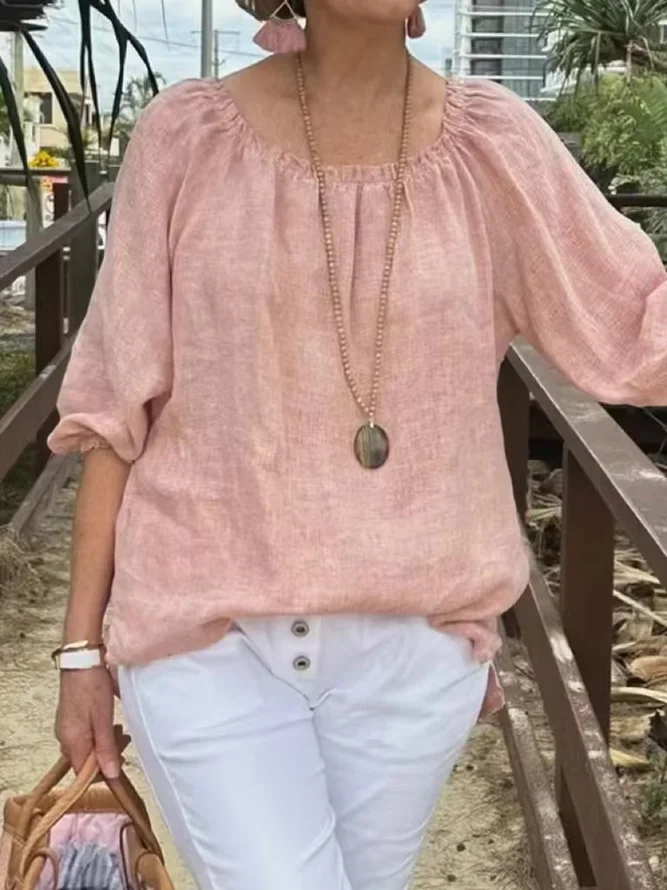 Women Casual Plain Summer No Elasticity Loose Polyester Cotton Half Sleeve H-Line Regular Shirts