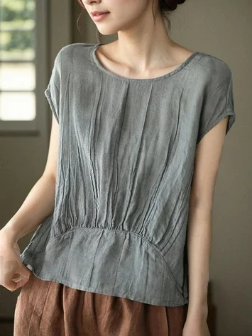 Casual Plain Summer Daily Cotton And Linen Short Sleeve Crew Neck Regular Regular Shirts for Women