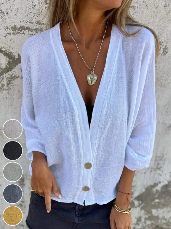 Women Casual Plain Spring/Fall V neck No Elasticity Daily Long Sleeve Regular Regular Blouses1