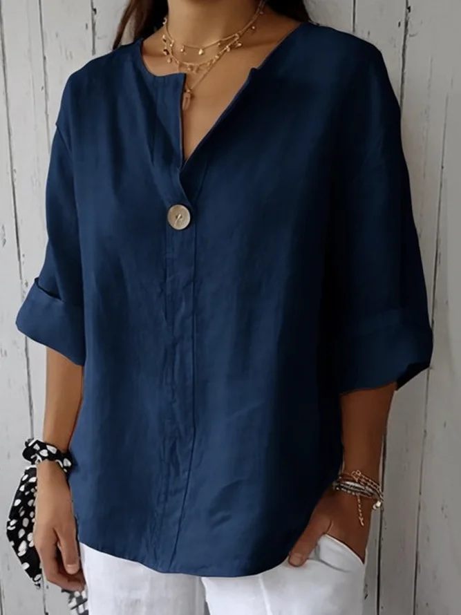 Casual Plain Spring/Fall Cotton V neck Daily Loose Three Quarter Sleeve Regular Blouses1 for Women