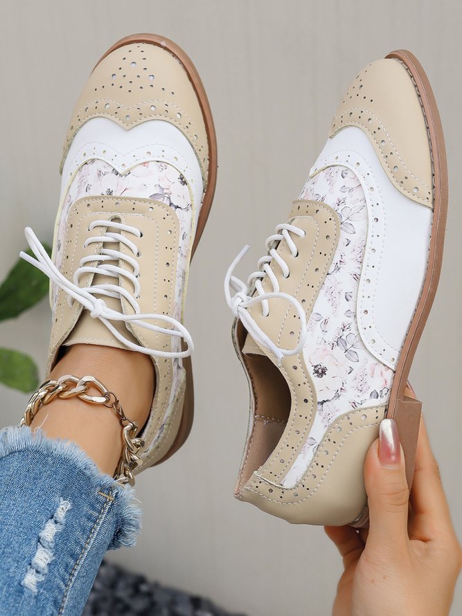 Women Casual Floral All Season Flat Heel Round Toe PU Pu Slip On Lace Up Shoes Shallow Shoes