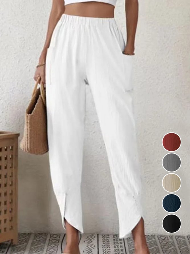 Women Casual Plain Spring/Fall Cotton Natural Daily Long Regular Pocket Stitching Pants