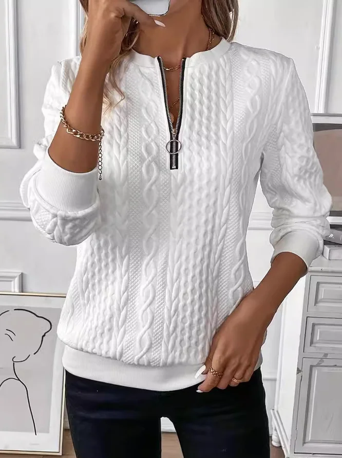 Women Casual Plain Spring/Fall Zipper Micro-Elasticity Loose Crew Neck H-Line Regular Sweatshirts