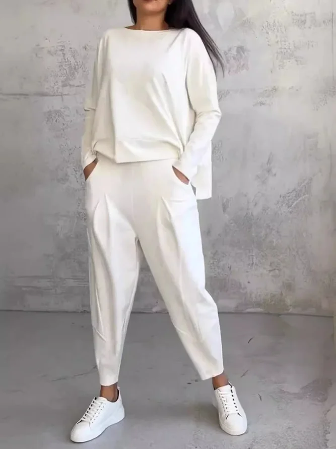Women Casual Plain Spring/Fall Natural Daily Loose Long Sleeve Top With Pants H-Line Two-Piece Sets