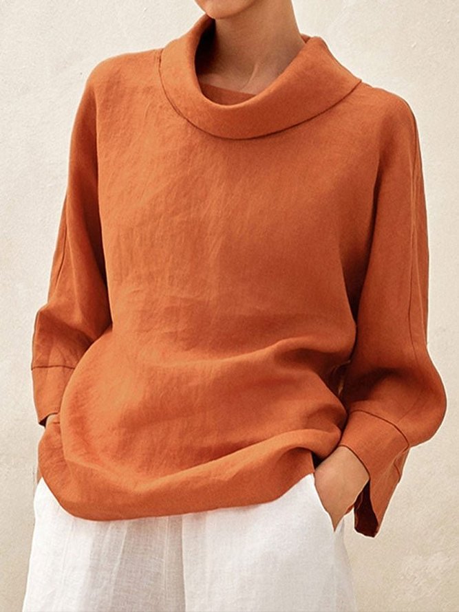 Women Casual Plain Spring/Fall Loose Cotton And Linen Long Sleeve Regular Mock Neck NL Blouses1