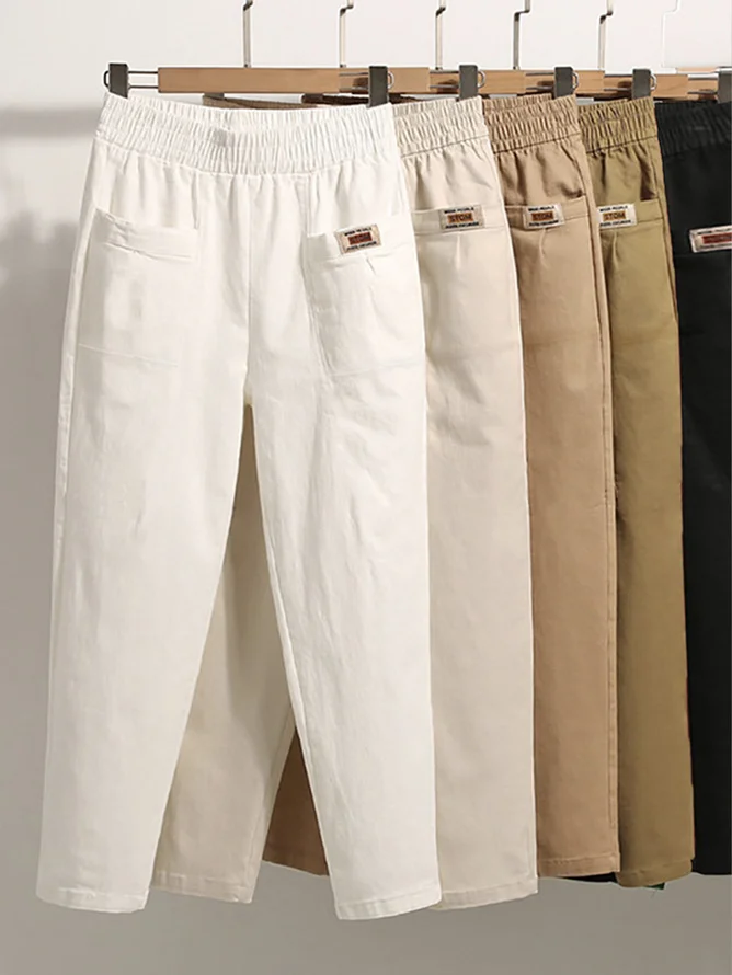 Casual Plain Spring/Fall Cotton No Elasticity Loose Long Regular Pocket Stitching Pants for Women