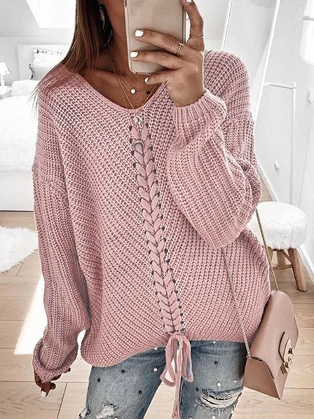 Women Casual Color Block Spring/Fall Micro-Elasticity Daily Loose Long Sleeve Yarn/Wool yarn Regular Sweaters