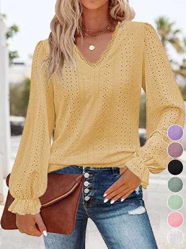 Women Casual Plain Spring/Fall Lace Loose Long Sleeve Regular Regular Medium Elasticity T-shirts
