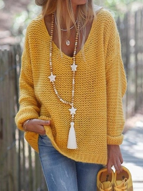 Women Casual Color Block Spring/Fall V neck Micro-Elasticity Daily Loose Long Sleeve Regular Sweaters