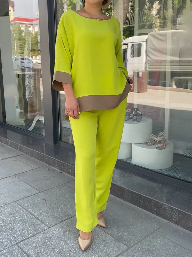 Women Casual Color Block Spring/Fall Polyester Natural Daily Three Quarter Sleeve Crew Neck H-Line Two-Piece Sets
