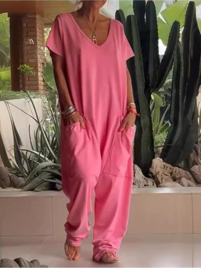 Women Casual Plain Summer Cotton V neck Natural Short Sleeve H-Line Regular Jumpsuits