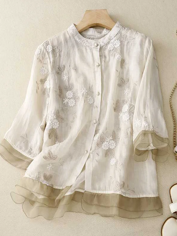 Women Casual Spring/Fall Embroidery Patterns No Elasticity Daily Loose Regular H-Line Regular Shirts