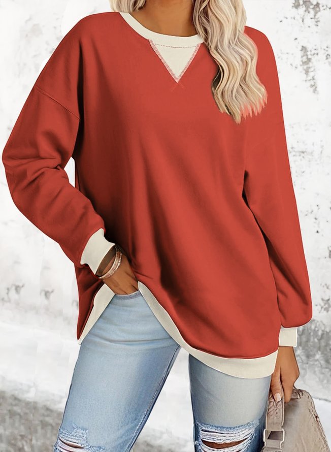 Women Casual Spring/Fall Contrast Stitching V neck Heavyweight Daily Loose Long Sleeve Cotton-Blend Sweatshirts