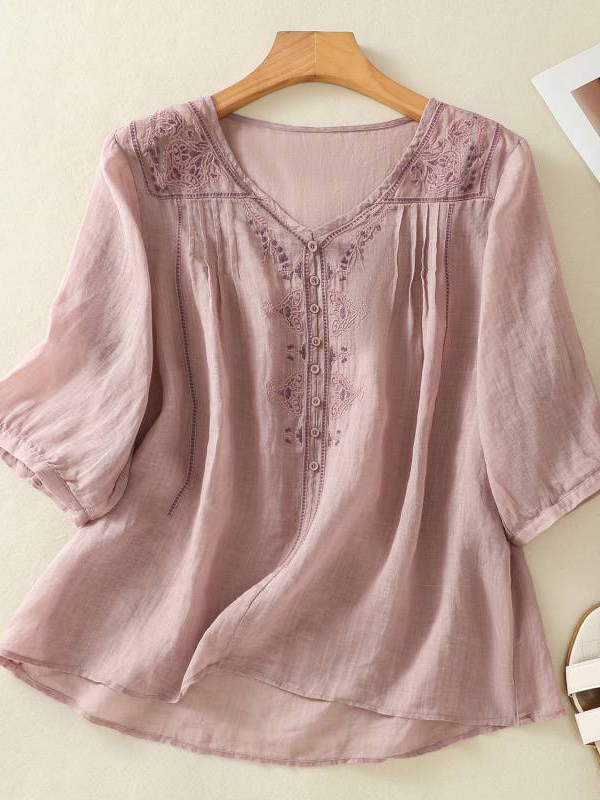 Women Casual Spring/Fall Embroidery Patterns Cotton V neck No Elasticity Daily Loose Regular Shirts