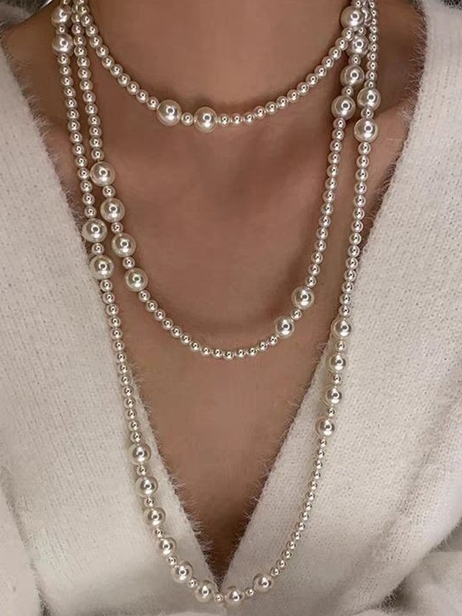 Women Plain All Season Elegant Daily Layer Sets Pearl Necklaces