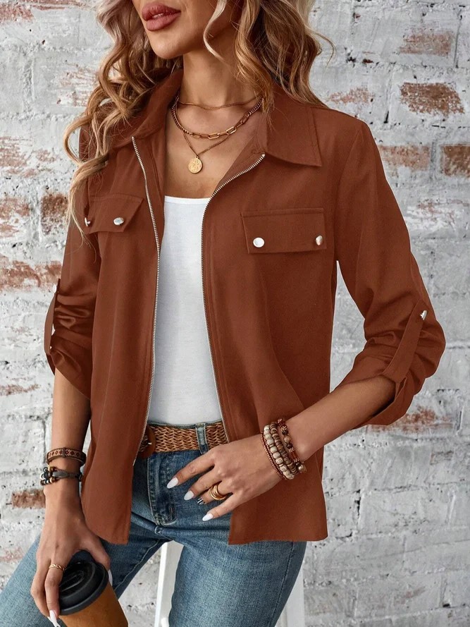 Women Casual Plain Autumn Zipper Natural Micro-Elasticity Loose Long Sleeve H-Line Jackets