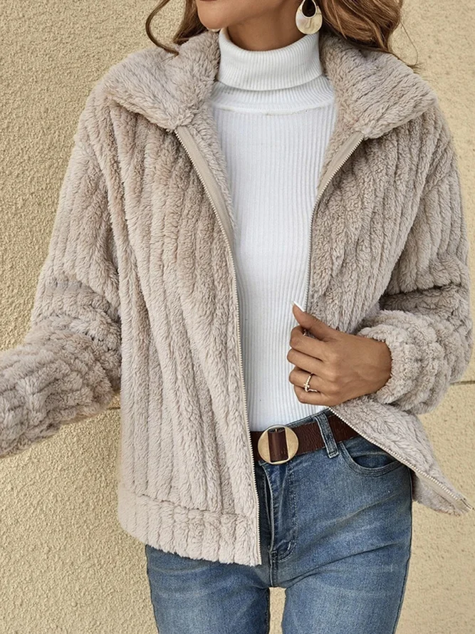 Women Casual Plain Winter Natural Daily Loose Long Sleeve Shawl Collar H-Line Teddy Jackets