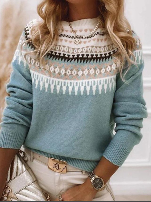 Casual Spring/Fall Ethnic Geometry Natural Loose Crew Neck H-Line Regular Medium Elasticity Sweaters for Women