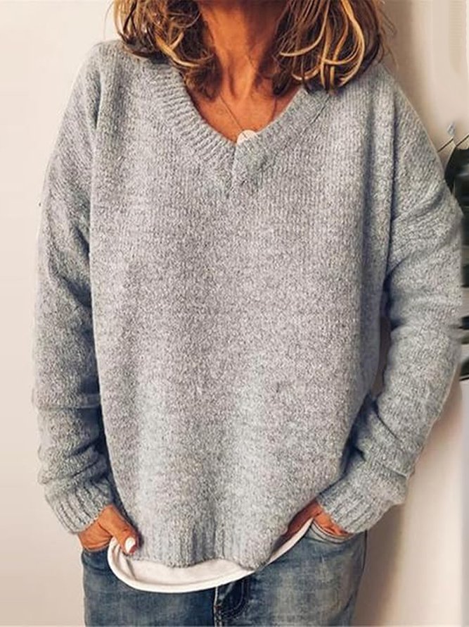 Women Casual Plain Spring/Fall V neck Natural Daily Loose H-Line Regular Sweaters