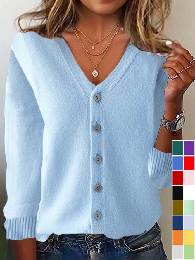 Women Casual Plain Spring/Fall V neck Daily Long Sleeve Wool/Knitting Regular H-Line Cardigans
