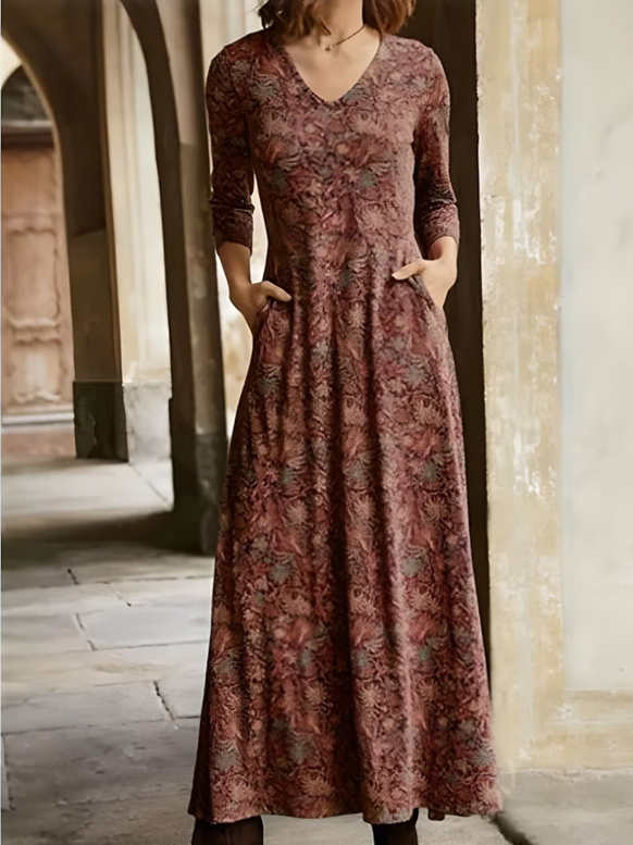 Women Casual Floral Spring/Fall V neck Micro-Elasticity Regular Fit Maxi Long Sleeve No Dresses