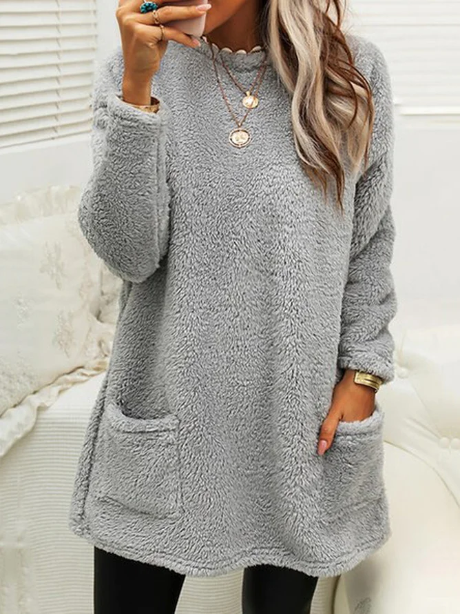 Casual Plain Spring/Fall No Elasticity Daily Midi Long Sleeve Crew Neck Regular Dresses for Women