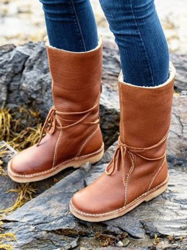 Women Ethnic Plain Autumn Holiday Snow Boots Block Heel Round Toe Rubber Lace-Up Chelsea Boots