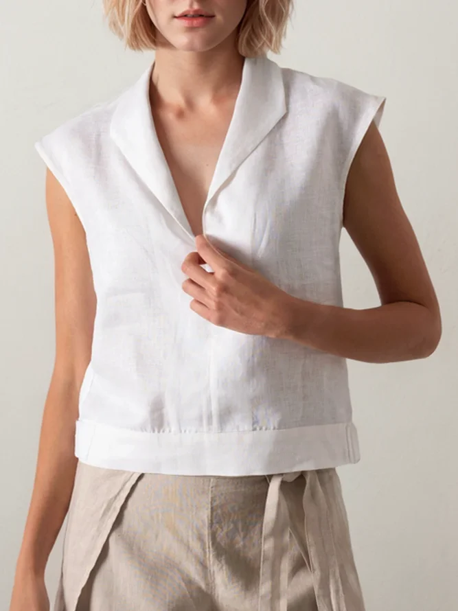 Women Plain Summer Linen Linen Regular Fit Commuting Sleeveless Crop H-Line Tank Tops