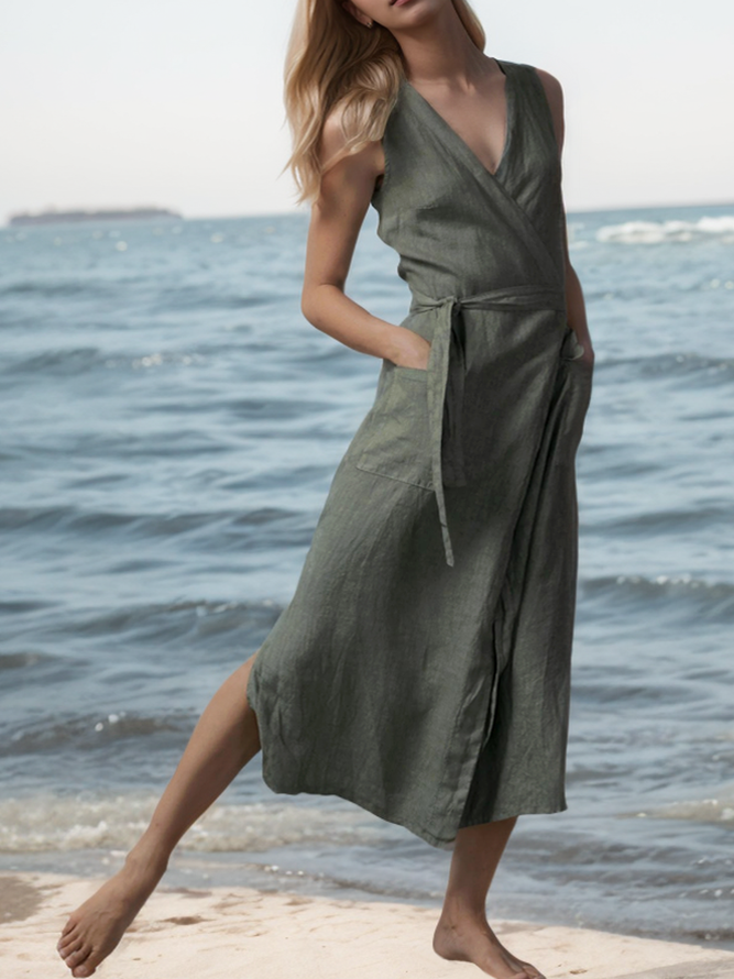 Plain Summer Linen Linen Natural No Elasticity Vacation Regular Fit Maxi Dresses for Women