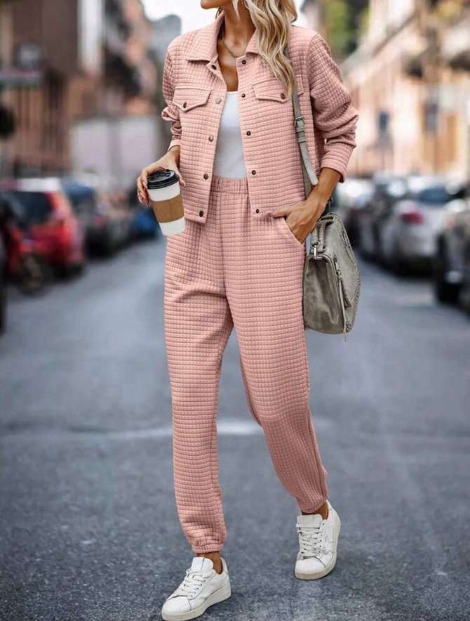 Casual Plain Spring/Fall Loose Jersey Long Sleeve Shawl Collar H-Line Regular Two-Piece Sets for Women