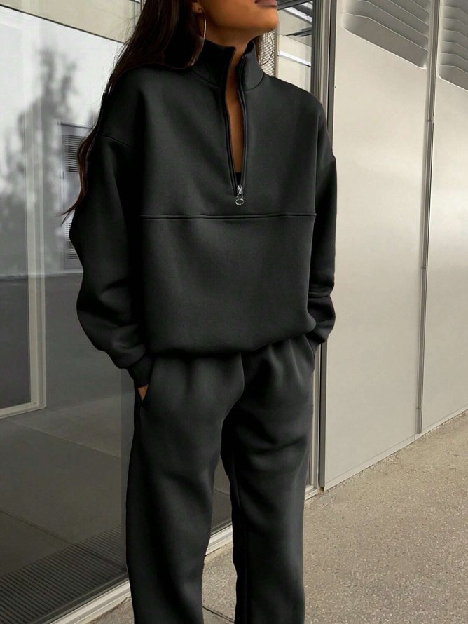 Casual Plain Spring/Fall Zipper Micro-Elasticity Daily Top With Pants H-Line Regular Two-Piece Sets for Women