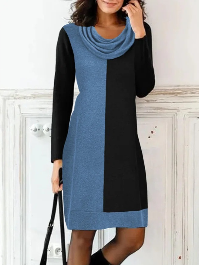 Women Casual Color Block Spring/Fall Natural Micro-Elasticity Daily Long Sleeve Turtleneck Sweater Dresses