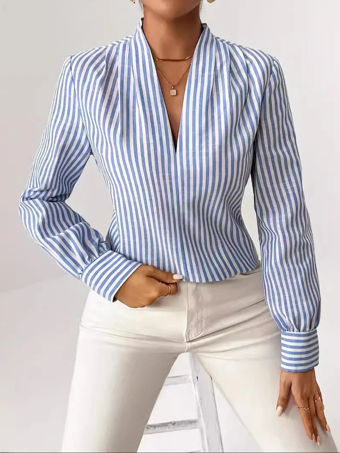 Striped Casual Spring/Fall Micro-Elasticity Daily Lace Regular H-Line Regular Blouses1 for Women
