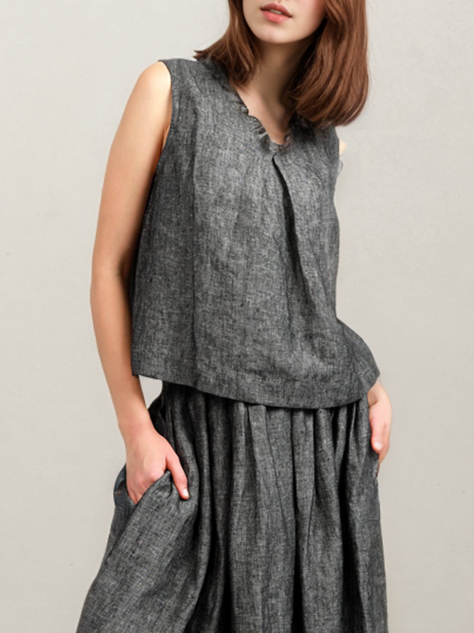 Women Plain Summer Linen V neck Daily Cotton And Linen Regular A-Line Regular Tank Tops