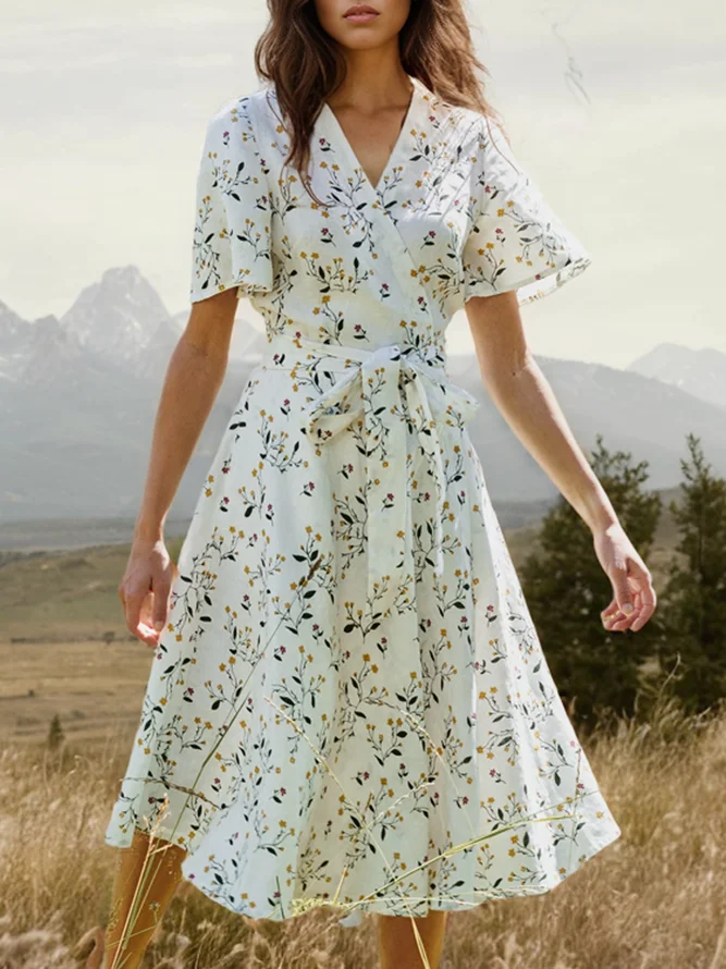Women Floral Summer Linen Cross Neck Regular Fit Midi Short Sleeve Regular No Dresses
