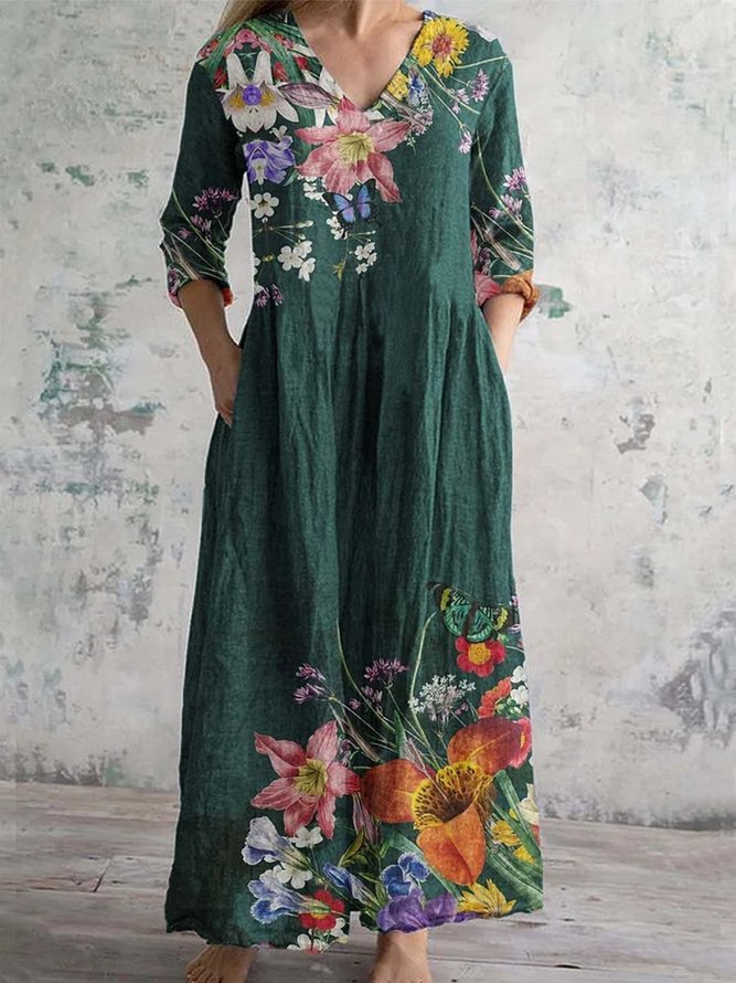 Women Casual Floral Spring/Fall V neck Maxi Long Sleeve A-Line Regular No Dresses