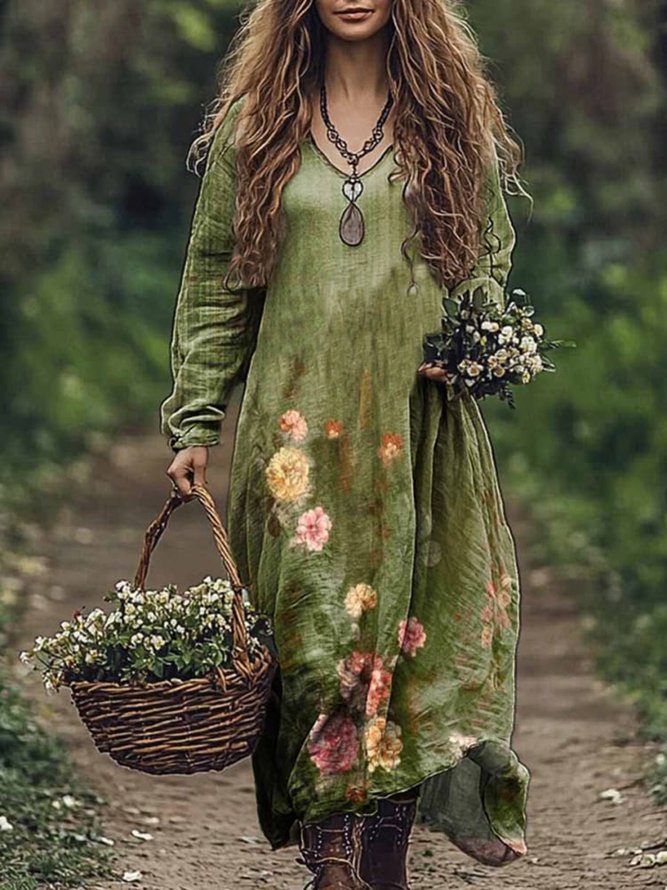 Women Casual Floral Spring/Fall Jersey Maxi T-Shirt Dress A-Line Regular NL Dresses