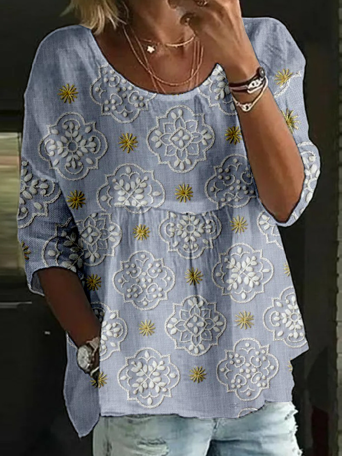 Casual Summer Multicolor block Linen blend No Elasticity Daily Loose Half Sleeve A-Line T-shirts for Women
