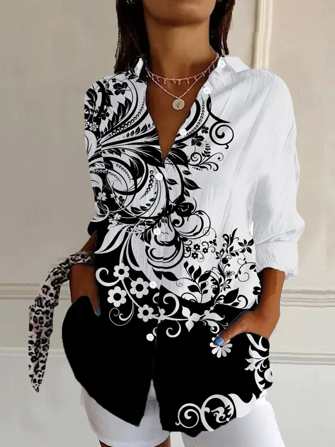 Women Casual Floral Spring/Fall Daily Loose Regular Regular Shirt Collar NL Shirts