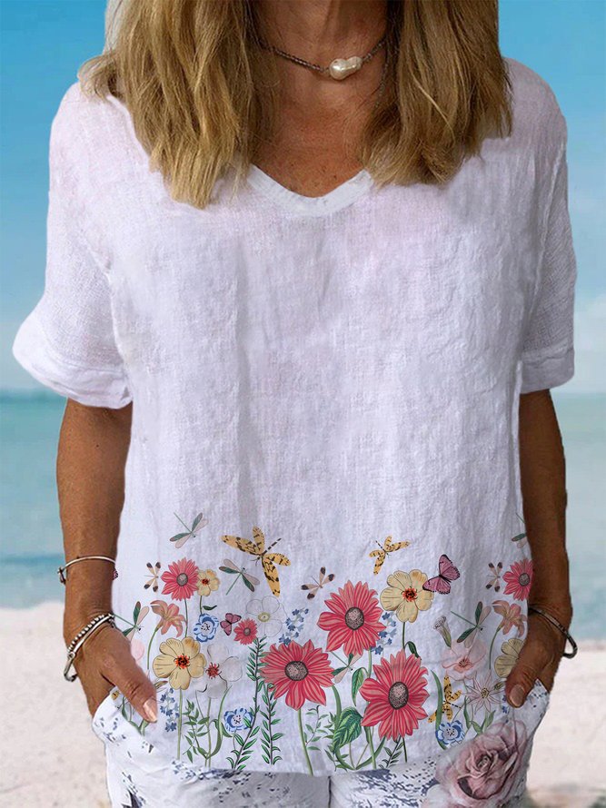 Casual Floral Summer Natural No Elasticity Daily Loose Short Sleeve H-Line Blouses for Women