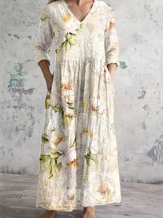 Women Casual Spring/Fall 3D Printing V neck Natural Regular Fit Long Sleeve A-Line NL Dresses