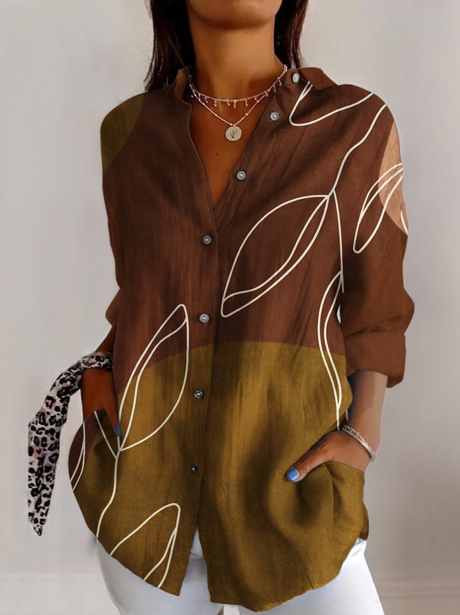 Women Geometric Casual Spring/Fall Cotton Long Sleeve Regular A-Line Shirt Collar 2025POD Shirts