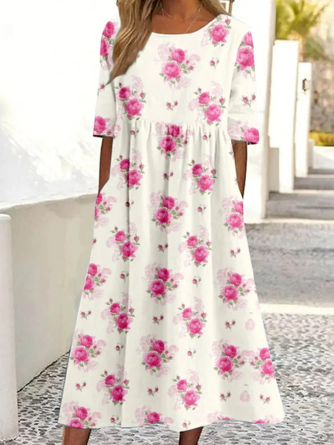 Women Casual Summer 3D Printing Polyester Micro-Elasticity Vacation Maxi Half Sleeve Crew Neck Dresses