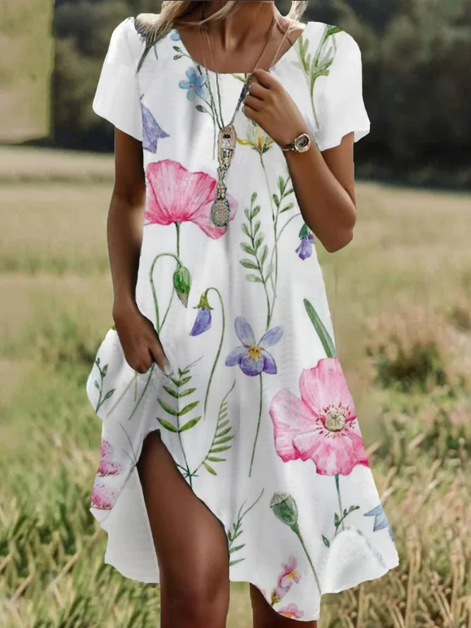 Women Casual Floral Summer Natural Loose Short Sleeve T-Shirt Dress Regular 2025POD Dresses