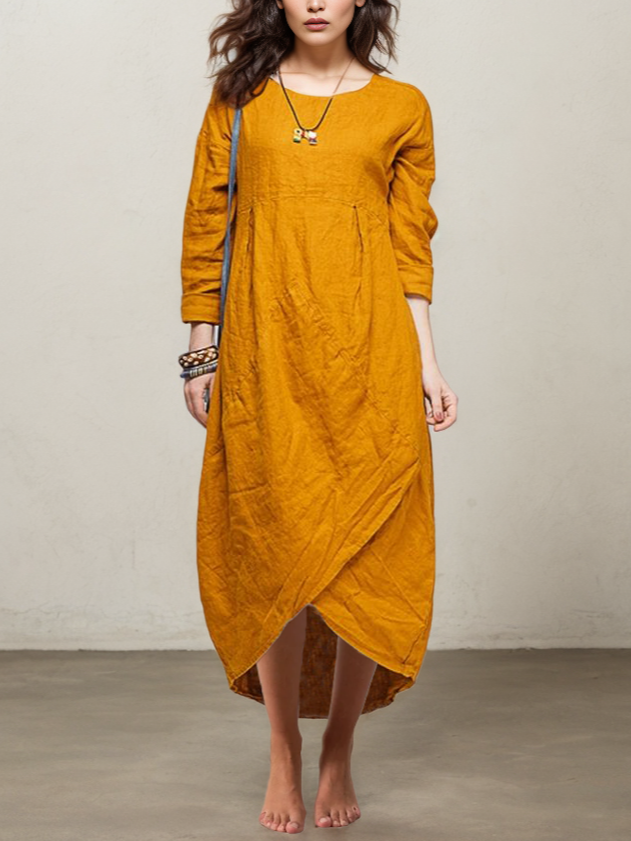 Women Plain Spring/Fall Linen Natural No Elasticity Loose Cotton And Linen O-Line No Dresses