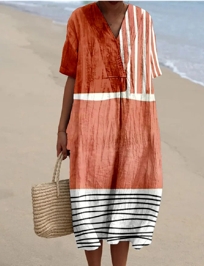Women Vintage Summer Multicolor block V neck Daily Maxi Short Sleeve Cotton-Blend O-Line Dresses